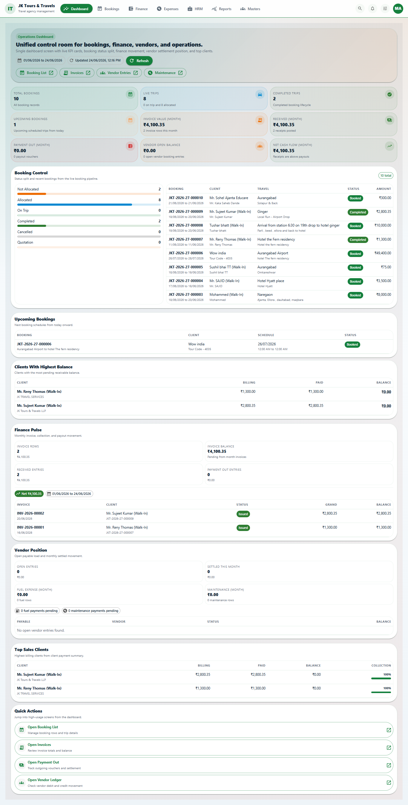 JK Tours travel booking dashboard screenshot
